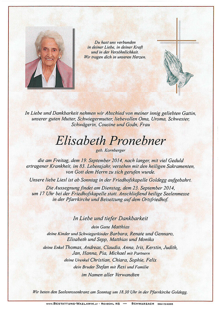Parte von Elisabeth Pronebner † 19.09.2014