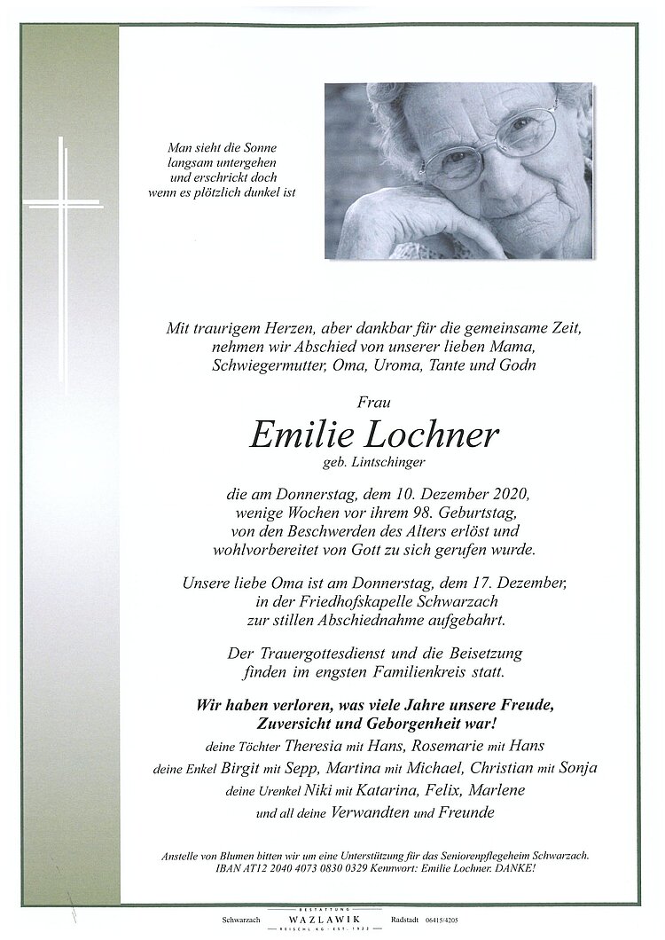 Parte von Emilie Lochner † 10.12.2020