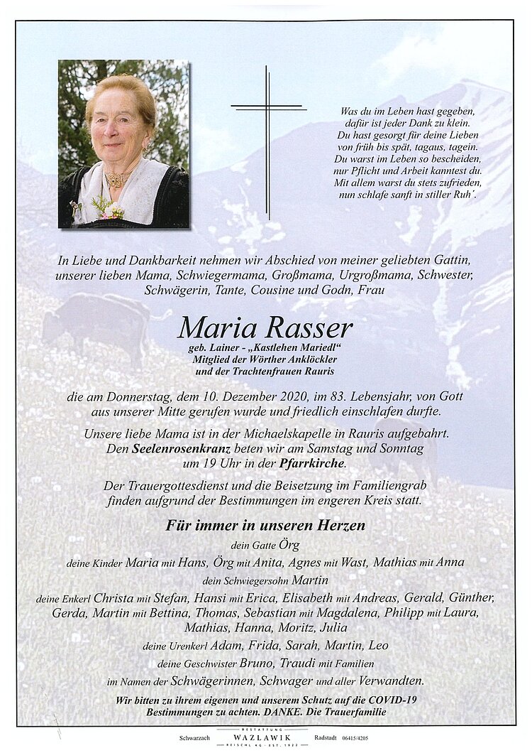 Parte von Maria Rasser † 10.12.2020
