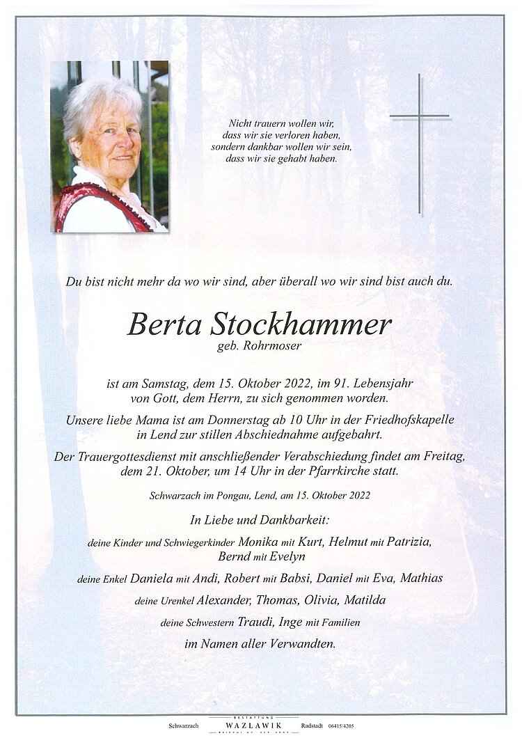Parte von Berta Stockhammer † 15.10.2022