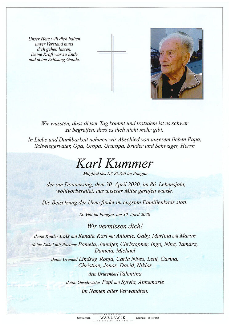 Parte von Karl Kummer † 30.04.2020