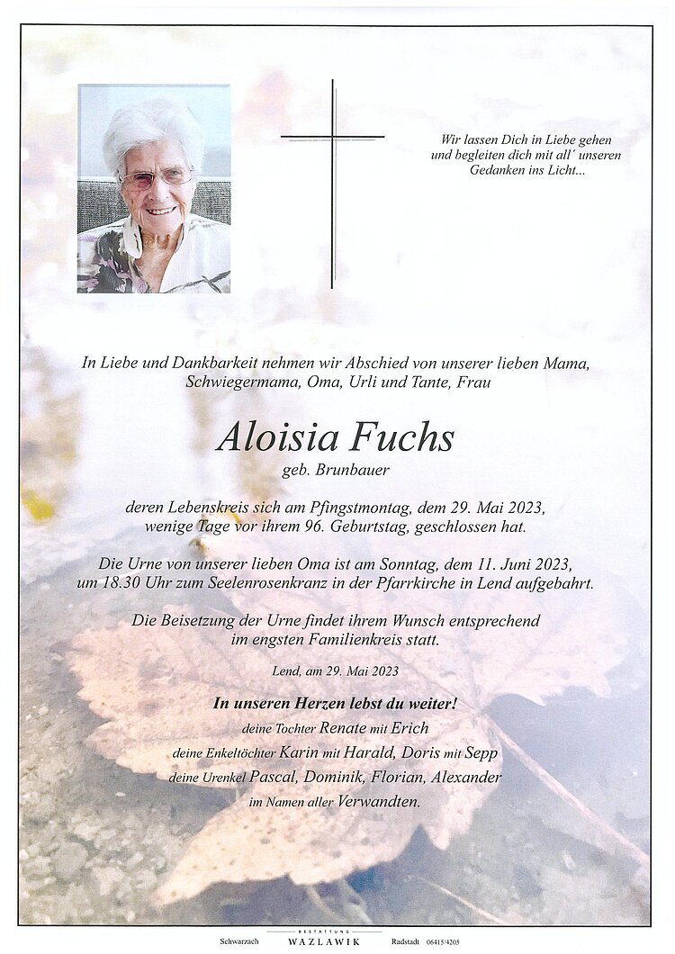 Parte von Aloisia Fuchs † 29.05.2023