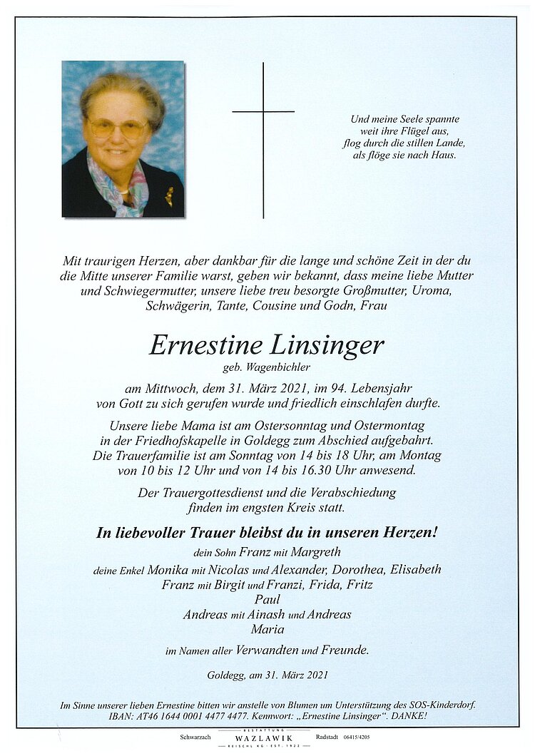 Parte von Ernestine Linsinger † 31.03.2021