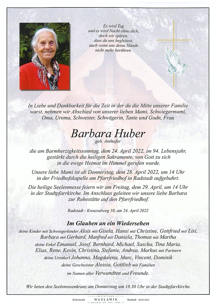 Parte von Barbara Huber † 24.04.2022