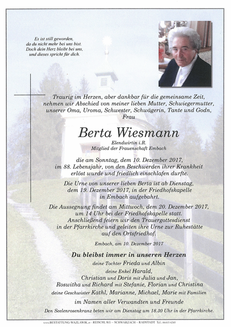 Parte von Berta Wiesmann † 10.12.2017