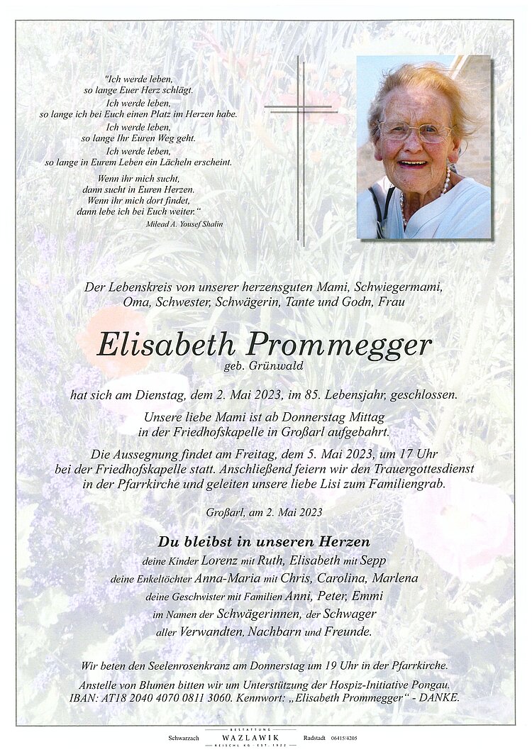 Parte von Elisabeth Prommegger † 02.05.2023