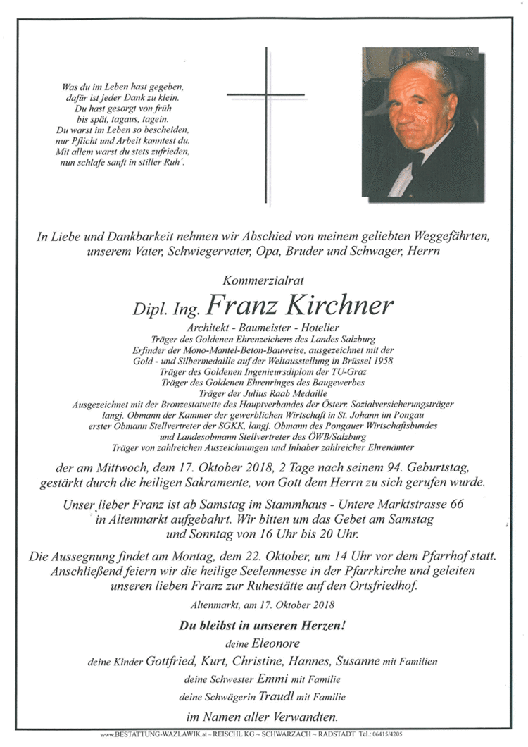 Parte von Dipl. Ing. Franz Kirchner † 17.10.2018