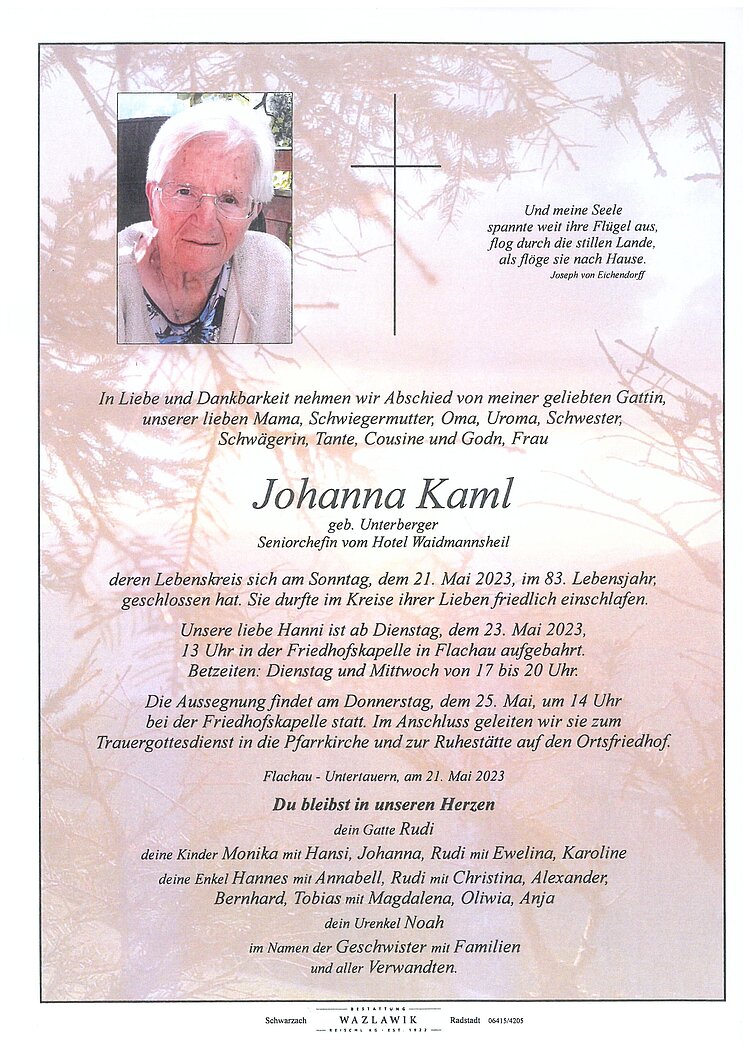 Parte von Johanna Kaml † 21.05.2023