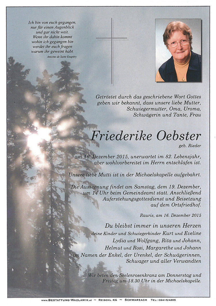 Parte von Friederike Oebster † 16.12.2015