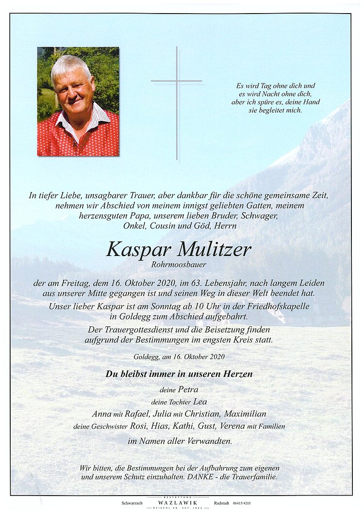 Parte von Kaspar Mulitzer † 16.10.2020