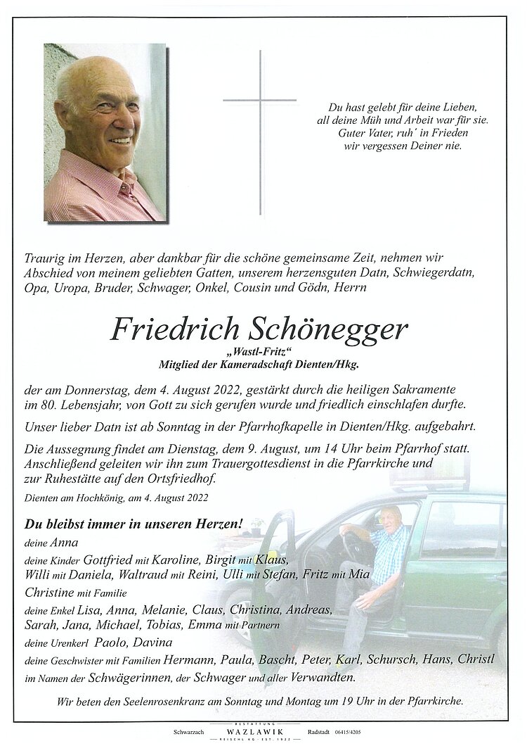 Parte von Friedrich Schönegger † 04.08.2022