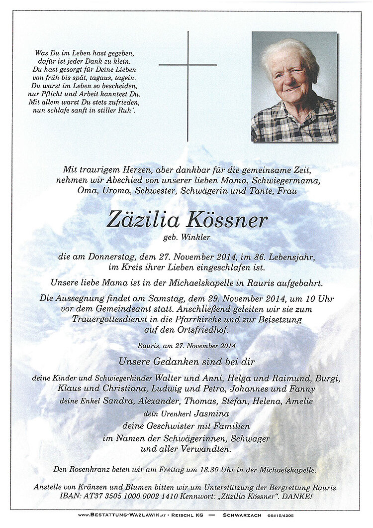 Parte von Zäzilia Kössner † 27.11.2014