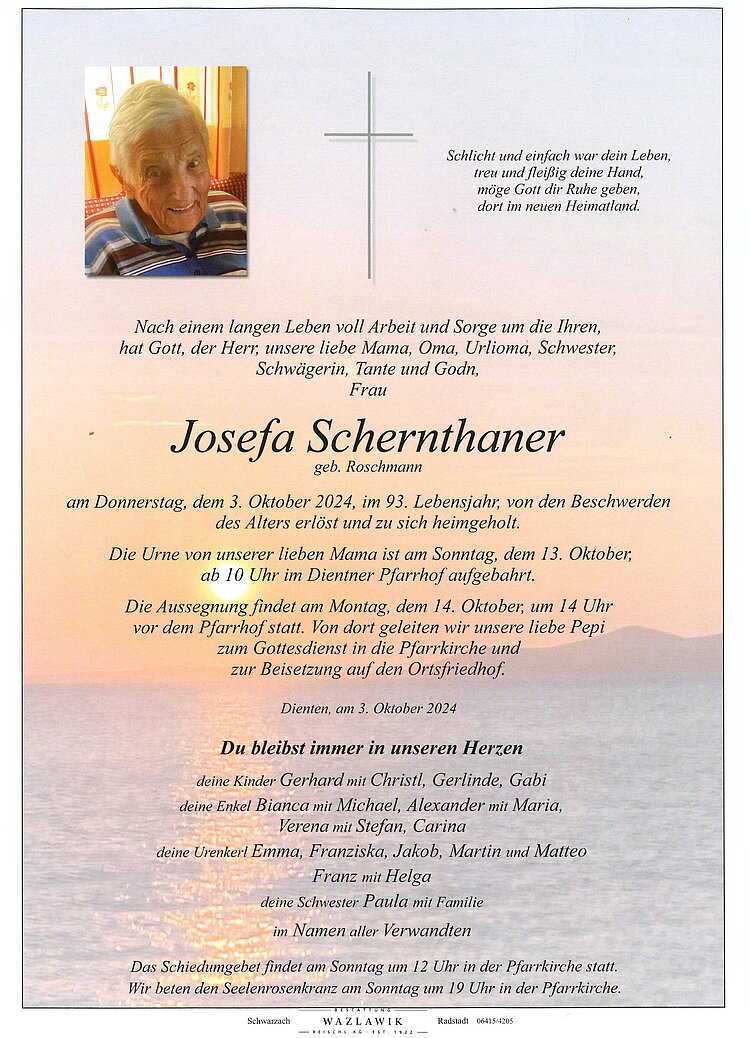 Parte von Josefa Schernthaner † 03.10.2024