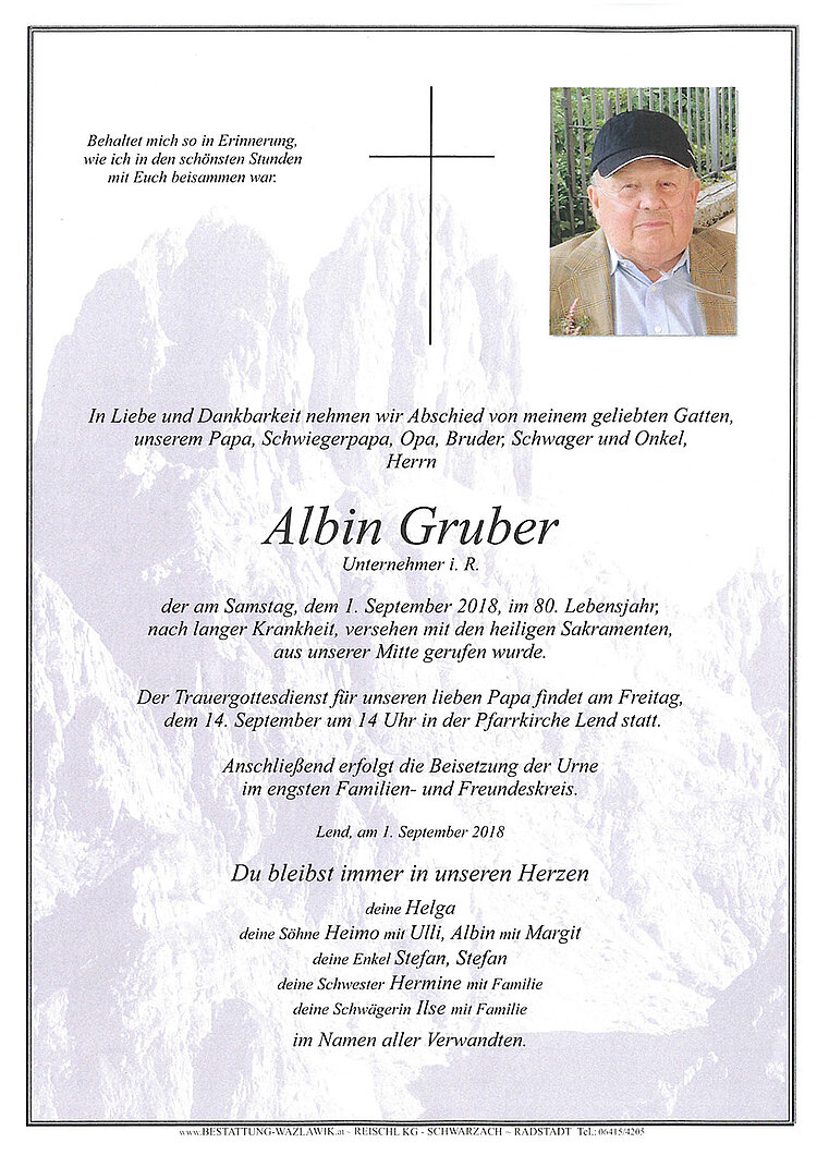 Parte von Albin Gruber † 01.09.2018