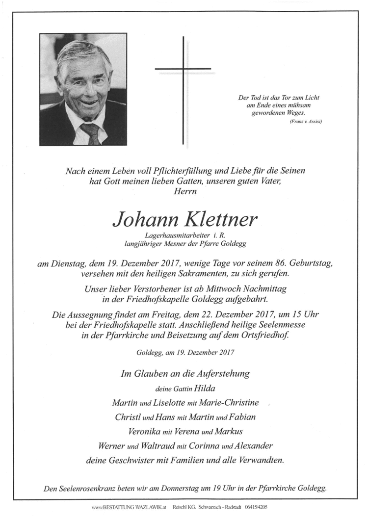 Parte von Johann Klettner † 19.12.2017
