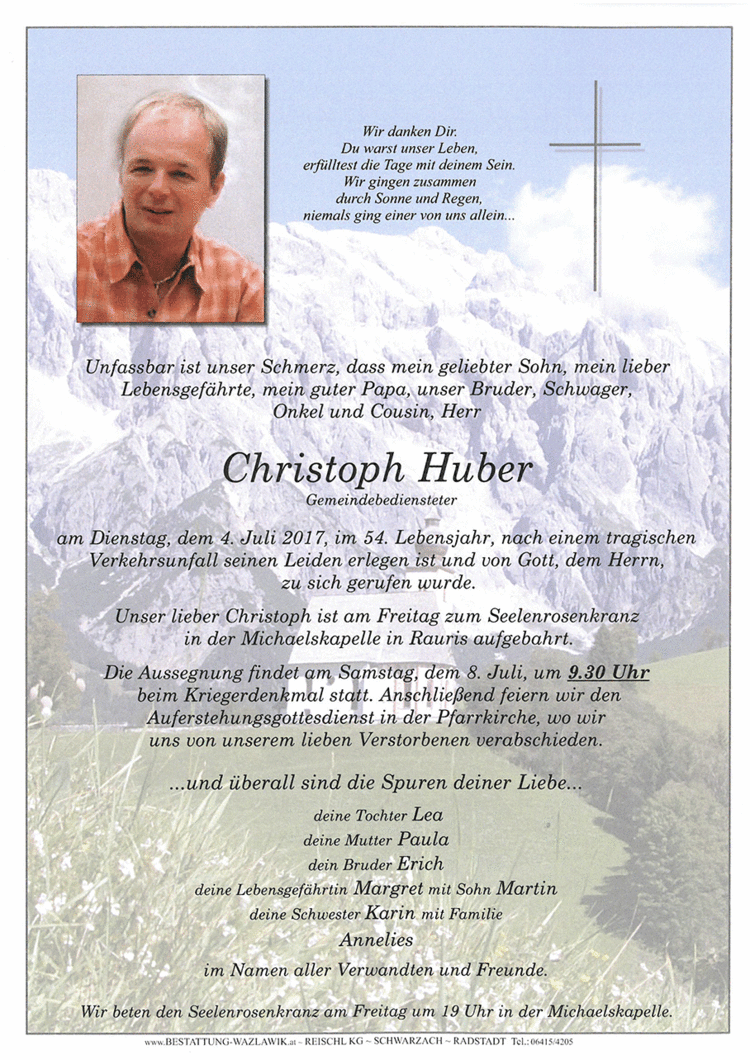 Parte von Christoph Huber † 04.07.2017