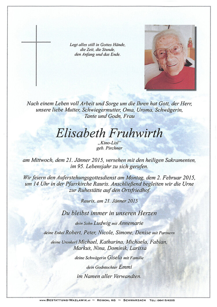 Parte von Elisabeth Fruhwirth † 21.01.2015