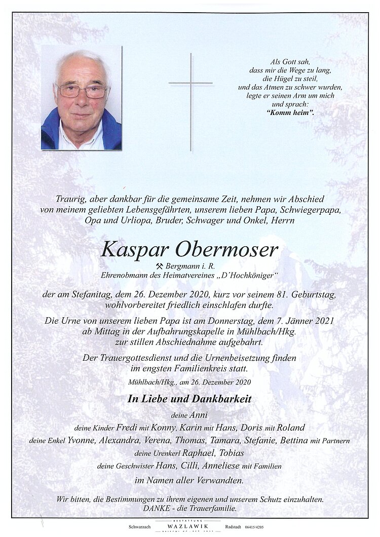 Parte von Kaspar Obermoser † 26.12.2020