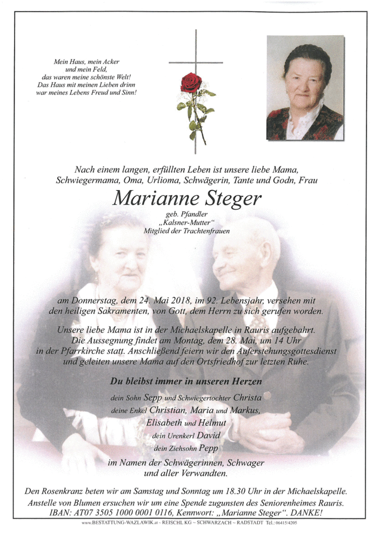 Parte von Marianne Steger † 24.05.2018