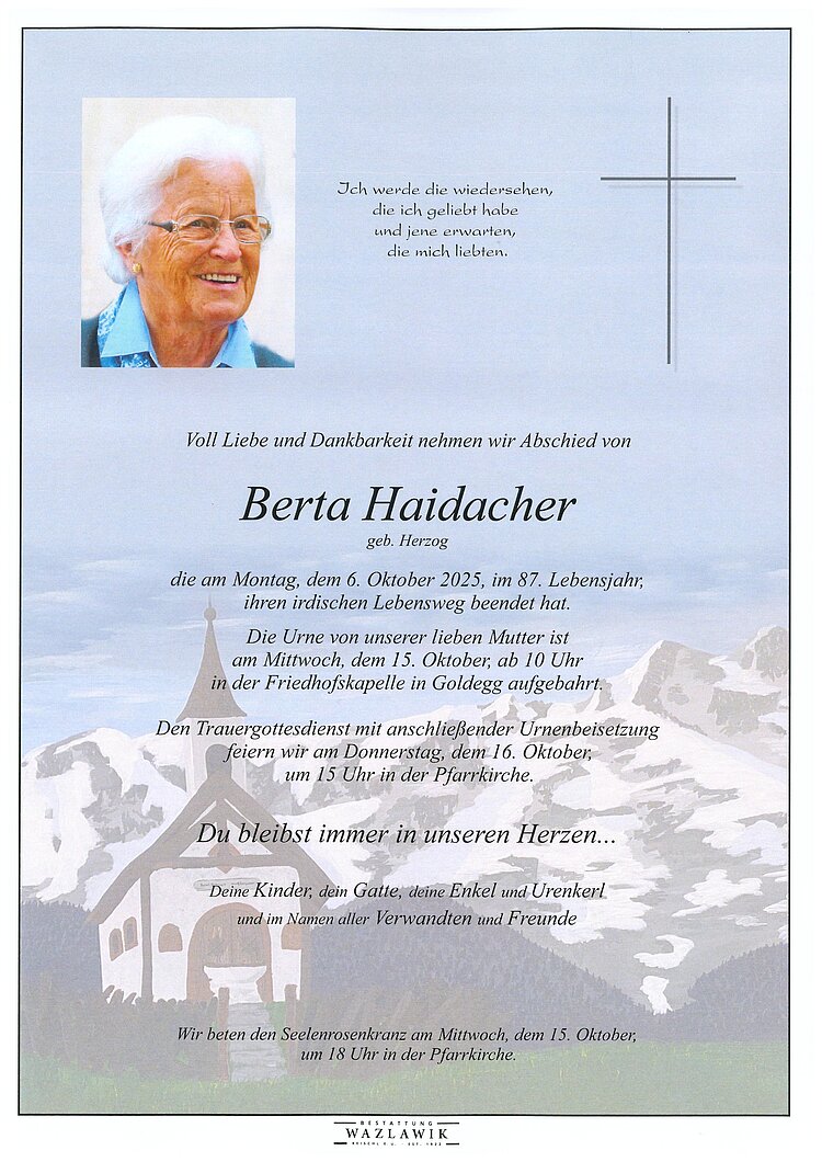 Parte von Berta Haidacher † 06.10.2025