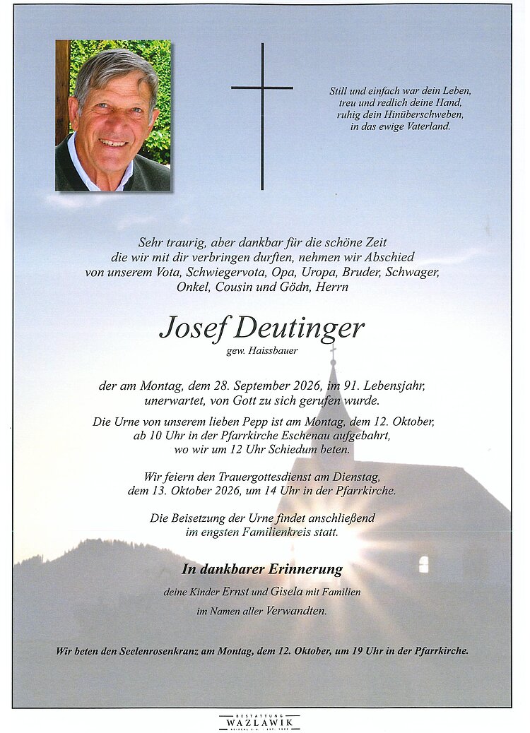 Parte von Josef Deutinger † 28.09.2026