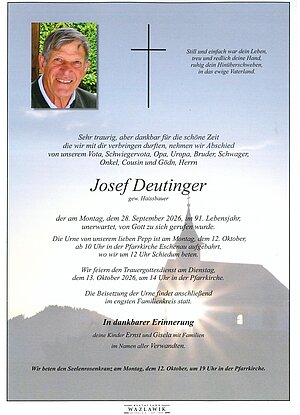 Parte von Josef Deutinger † 28.09.2026 aus Eschenau