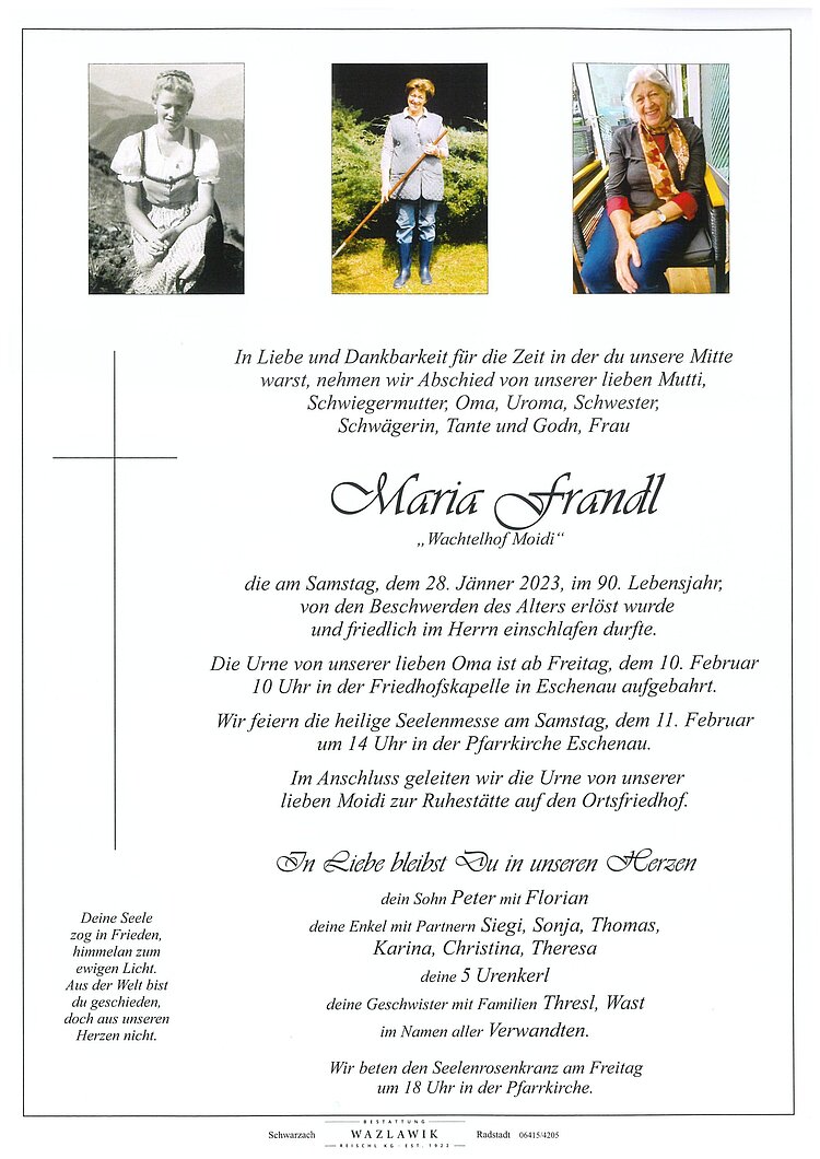 Parte von Maria Frandl † 28.01.2023