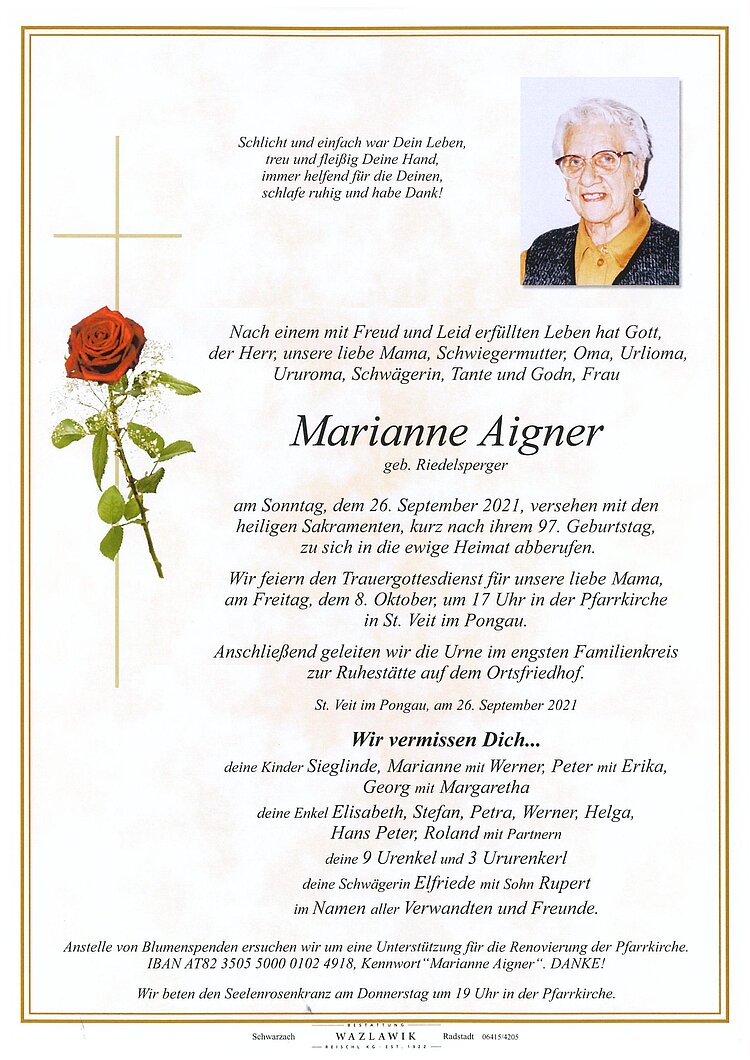 Parte von Marianne Aigner † 26.09.2021