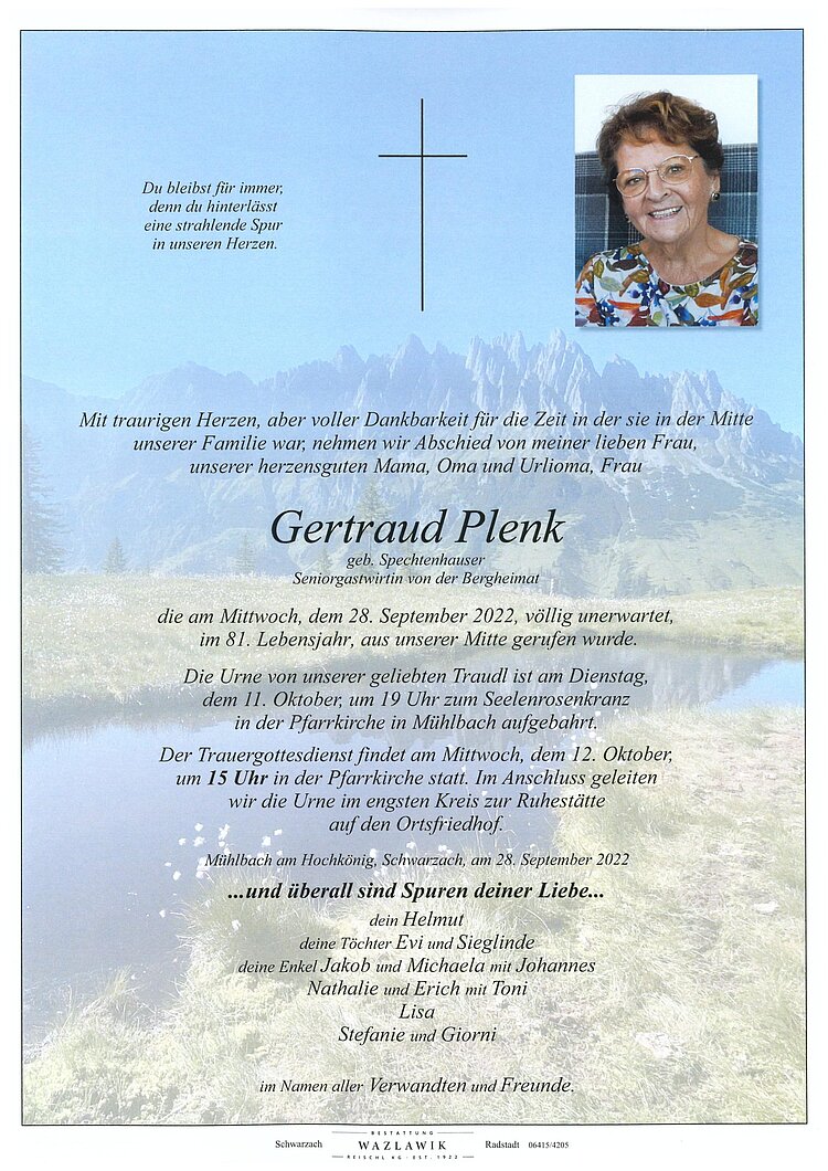 Parte von Gertraud Plenk † 28.09.2022
