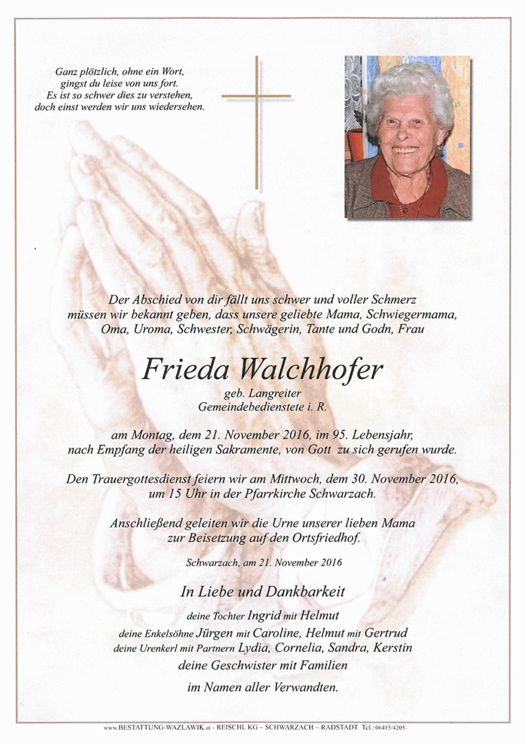 Parte von Frieda Walchhofer † 21.11.2016