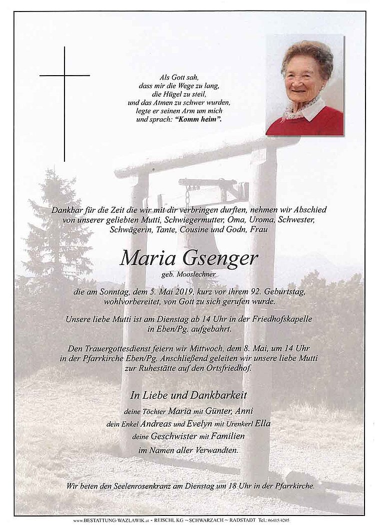 Parte von Maria Gsenger † 05.05.2019