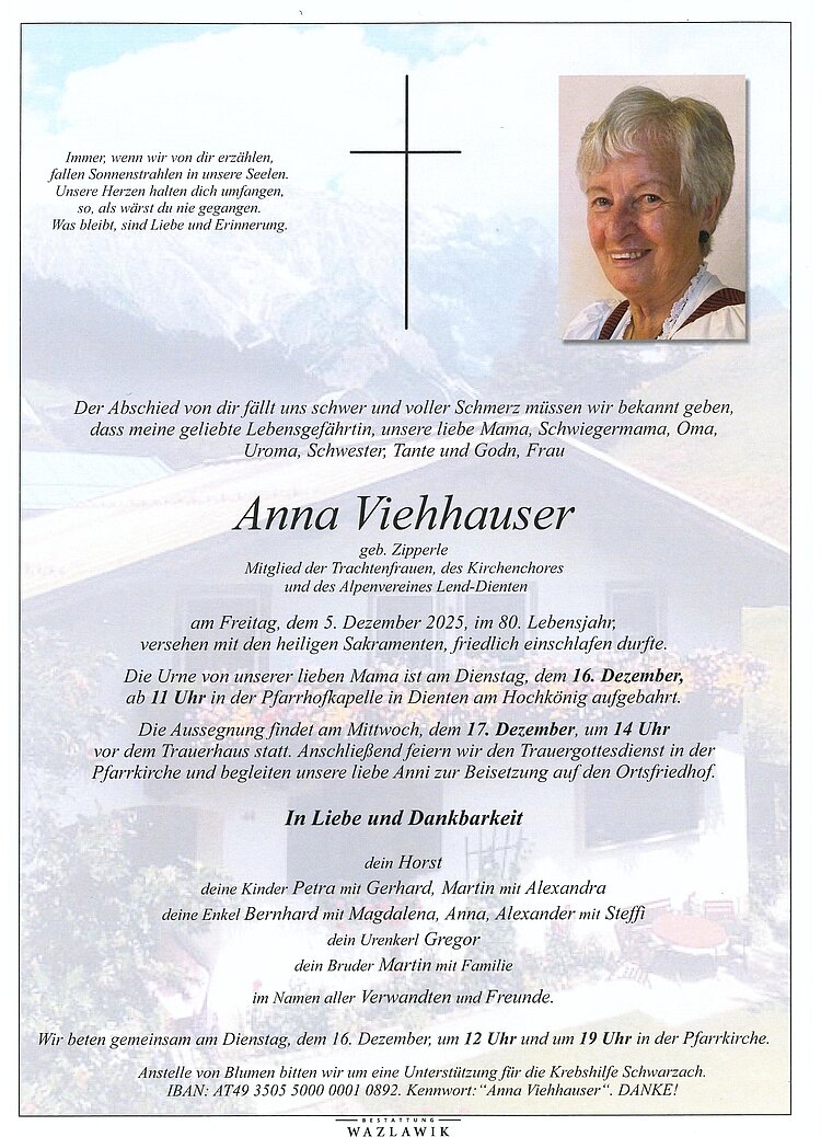 Parte von Anna Viehhauser † 05.12.2025