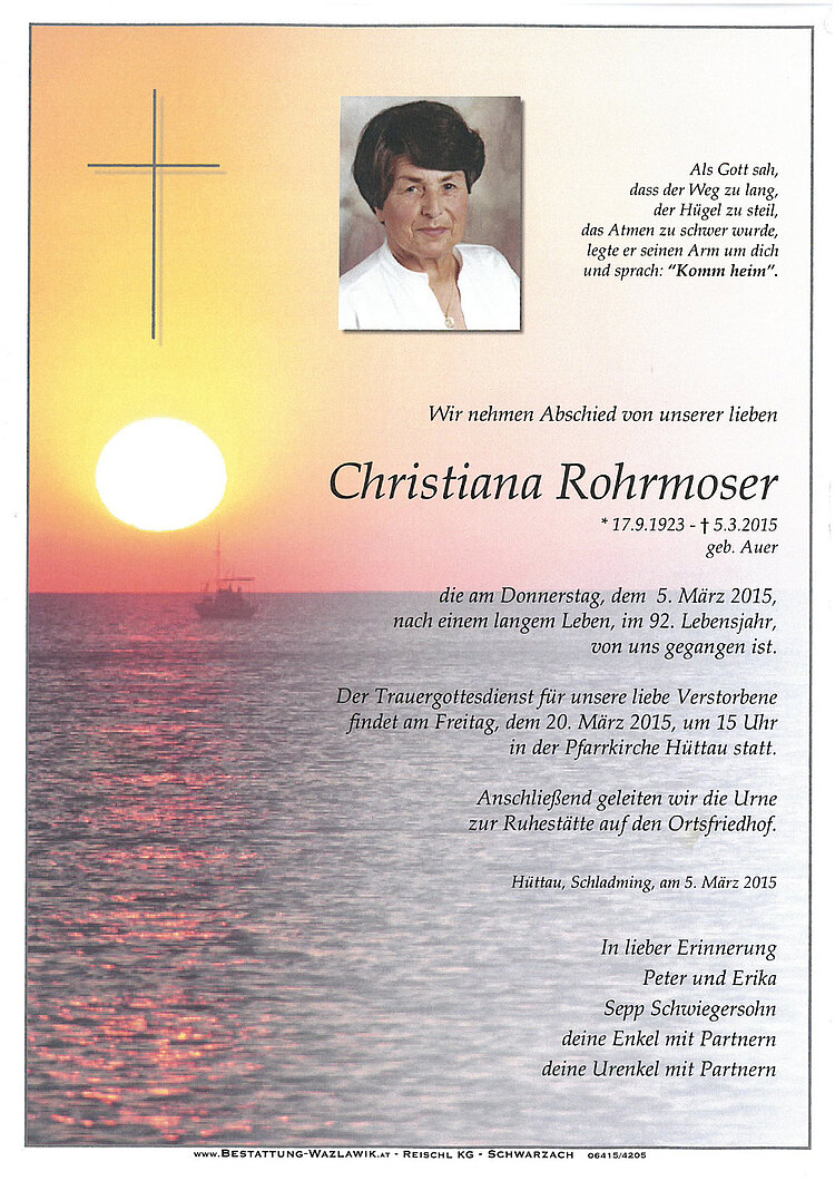 Parte von Christiana Rohrmoser † 05.03.2015