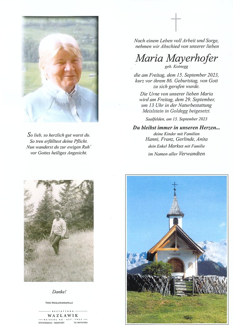 Parte von Maria Mayerhofer † 15.09.2023