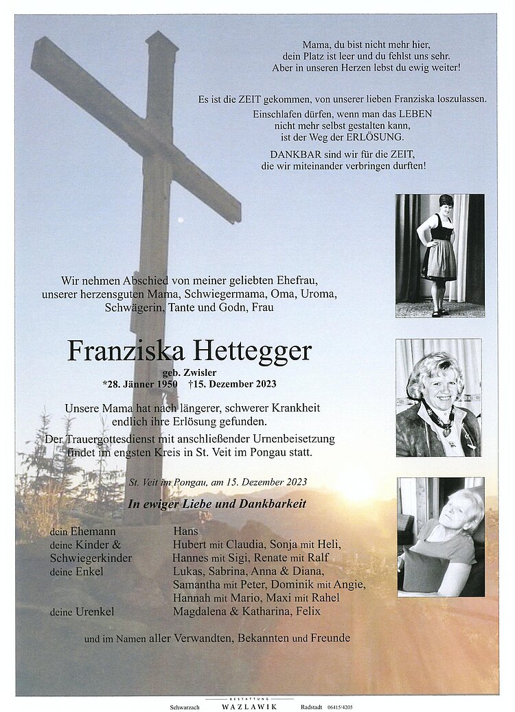 Parte von Franziska Hettegger † 15.12.2023
