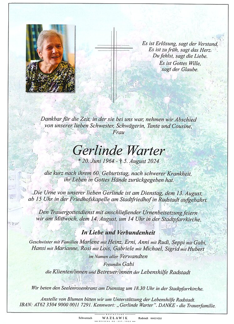Parte von Warter Gerlinde † 05.08.2024