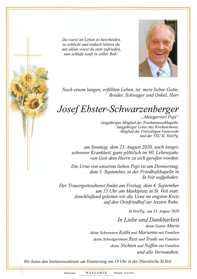 Parte von Josef Ebster-Schwarzenberger † 23.08.2020