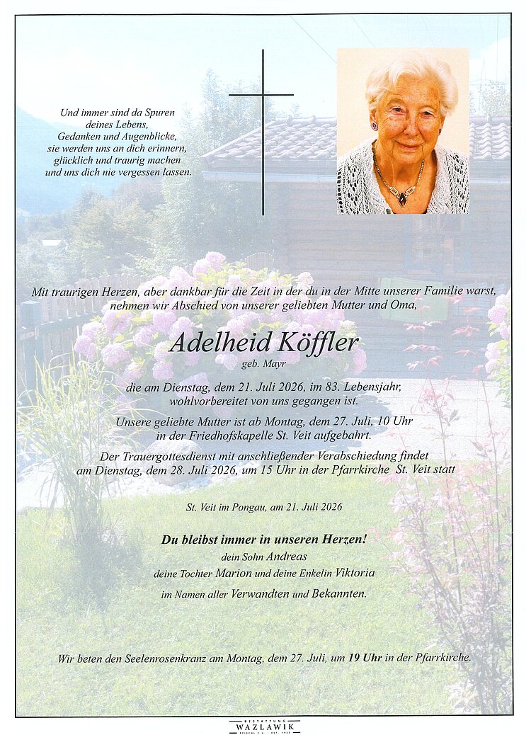 Parte von Adelheid Köffler † 21.07.2026
