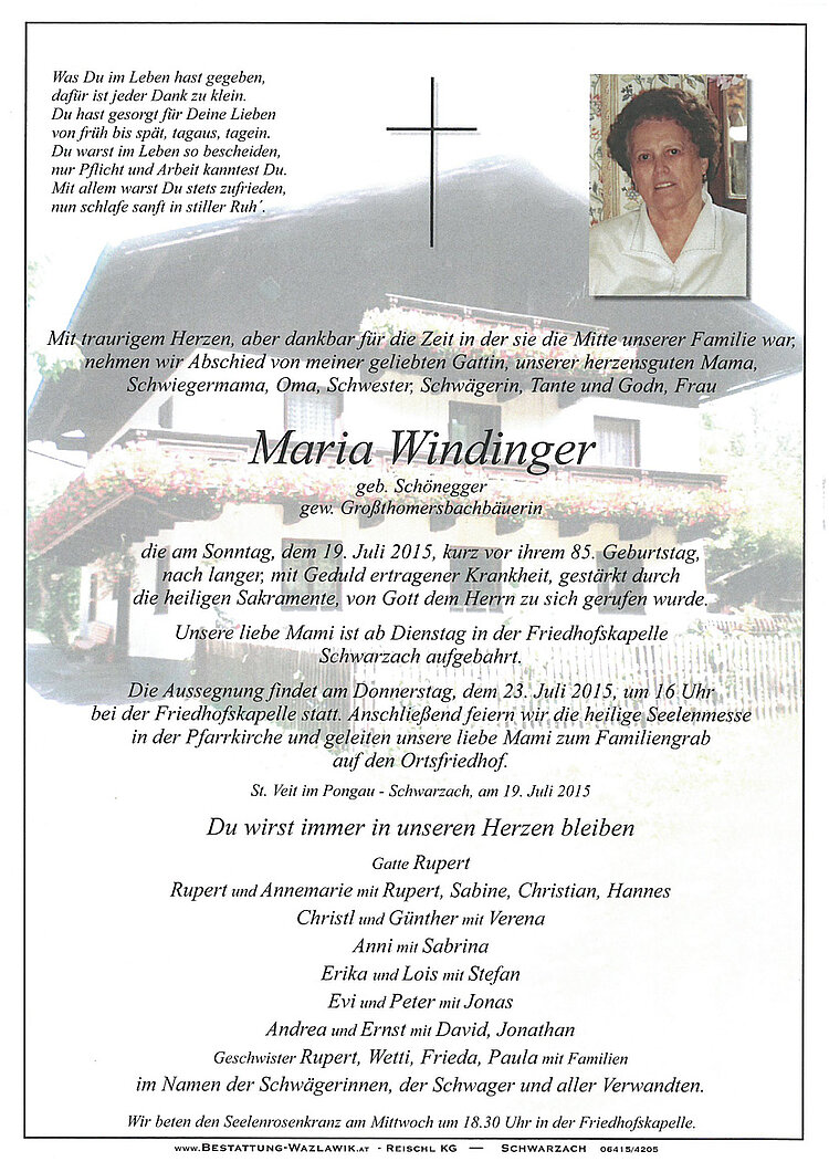 Parte von Maria Windinger † 19.07.2015