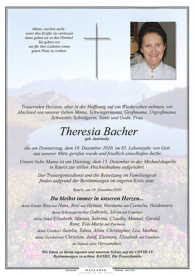 Parte von Theresia Bacher † 10.12.2020