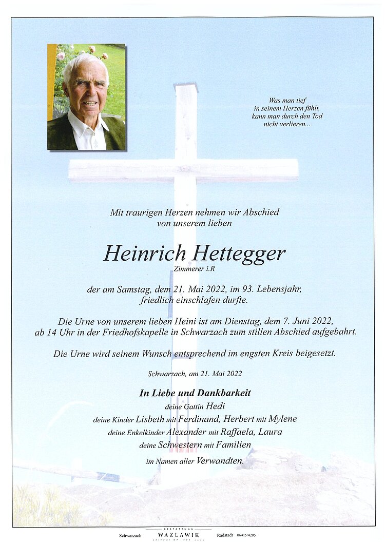 Parte von Heinrich Hettegger † 21.05.2022