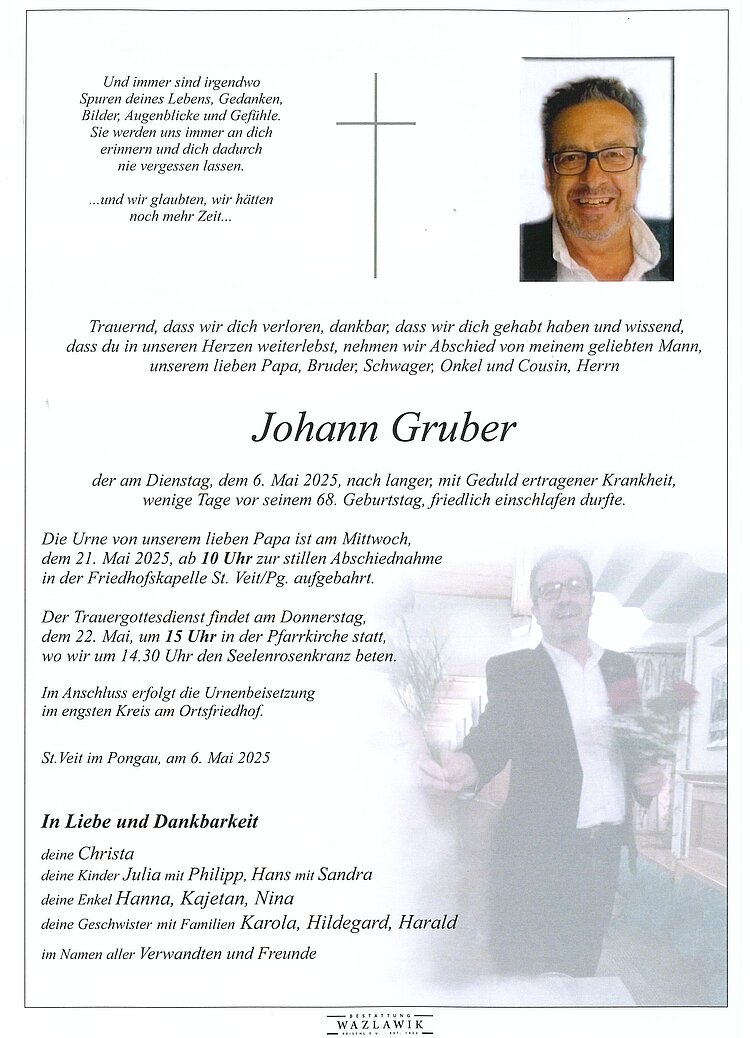 Parte von Johann Gruber † 06.05.2025