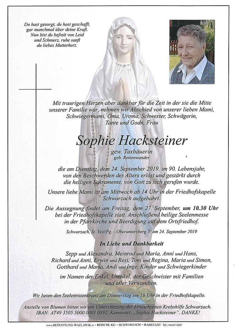 Parte von Sophie Hacksteiner † 24.09.2019