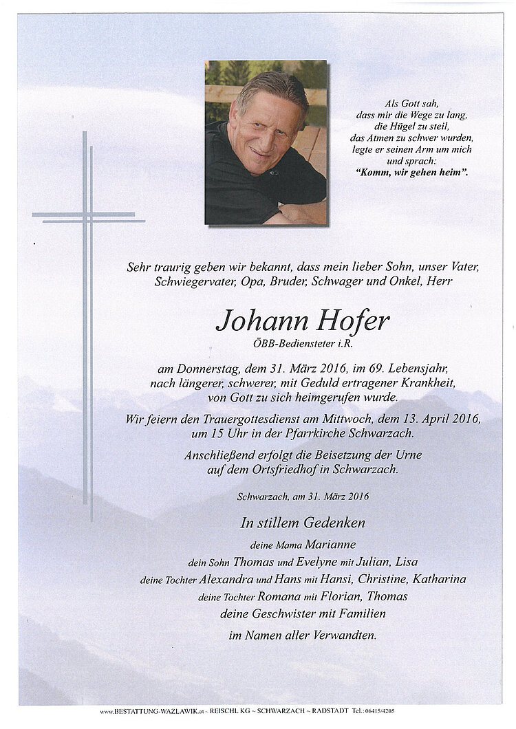 Parte von Johann Hofer † 31.03.2016