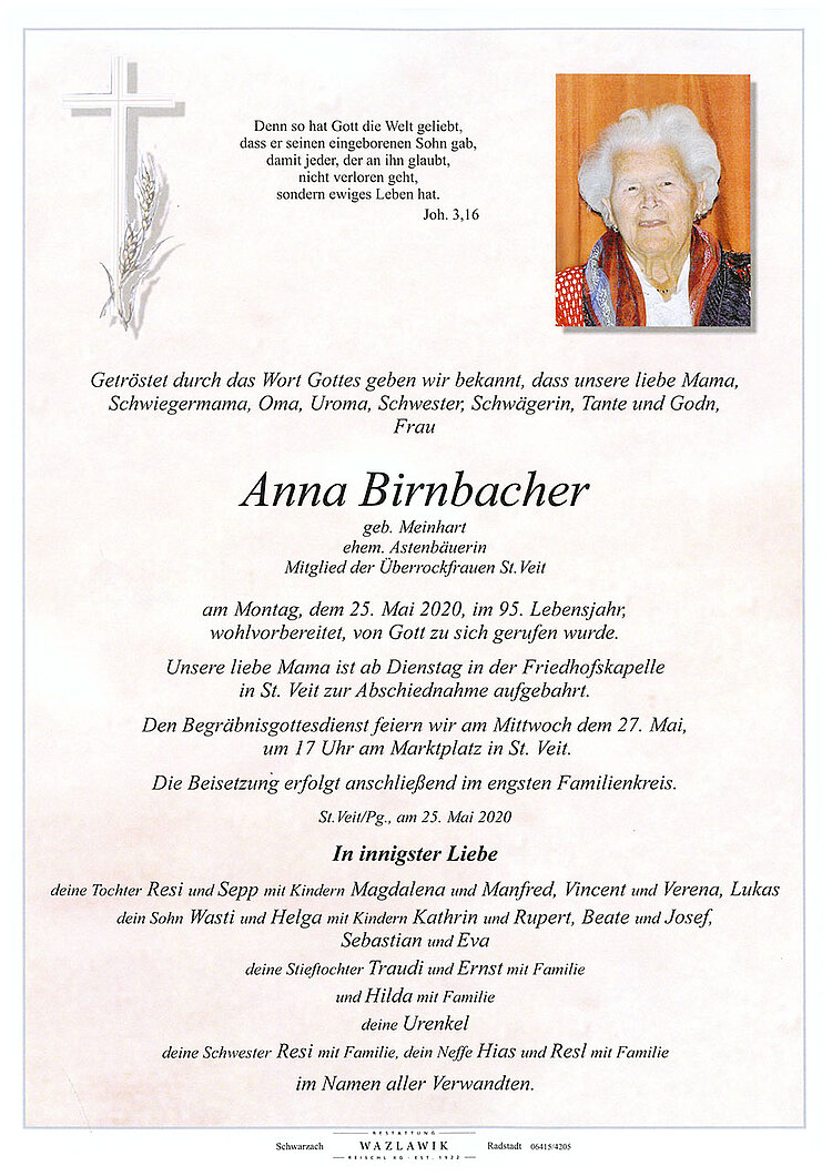 Parte von Anna Birnbacher † 25.05.2020