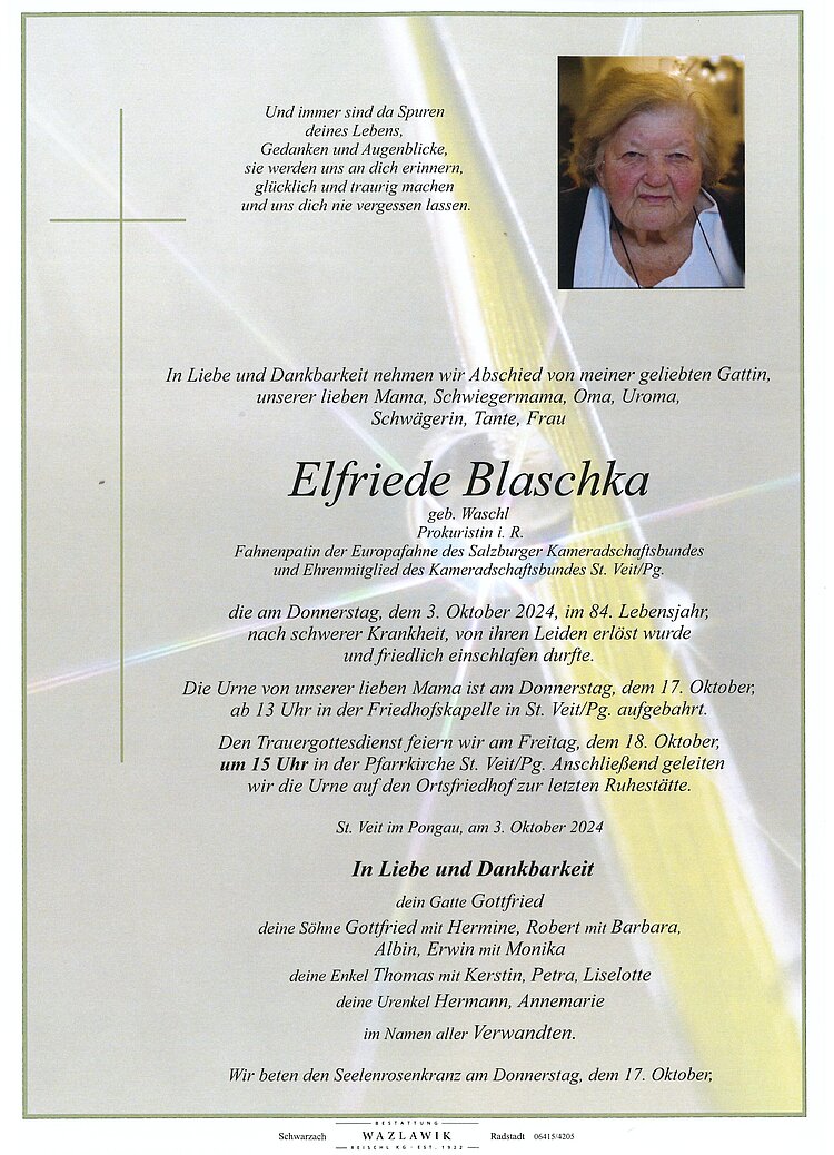 Parte von Elfriede Blaschka † 03.10.2024