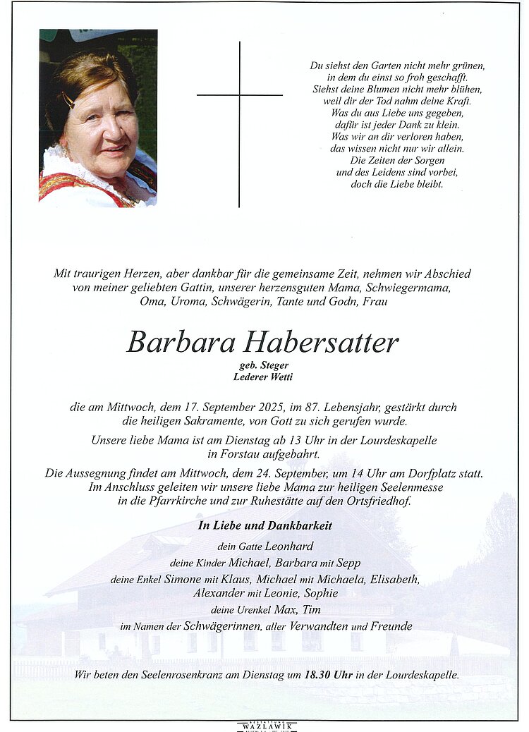 Parte von Barbara Habersatter † 17.09.2025