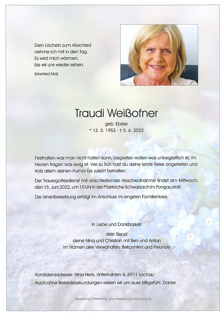 Parte von Traudi Weißofner † 05.06.2022