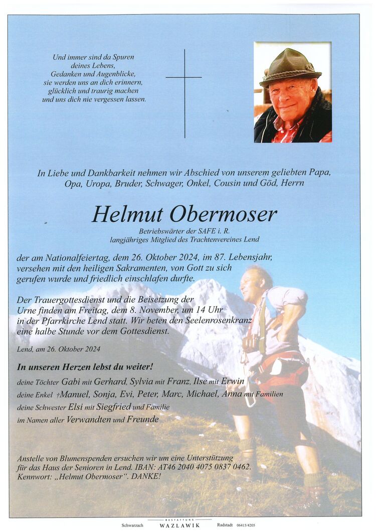 Parte von Helmut Obermoser † 26.10.2024