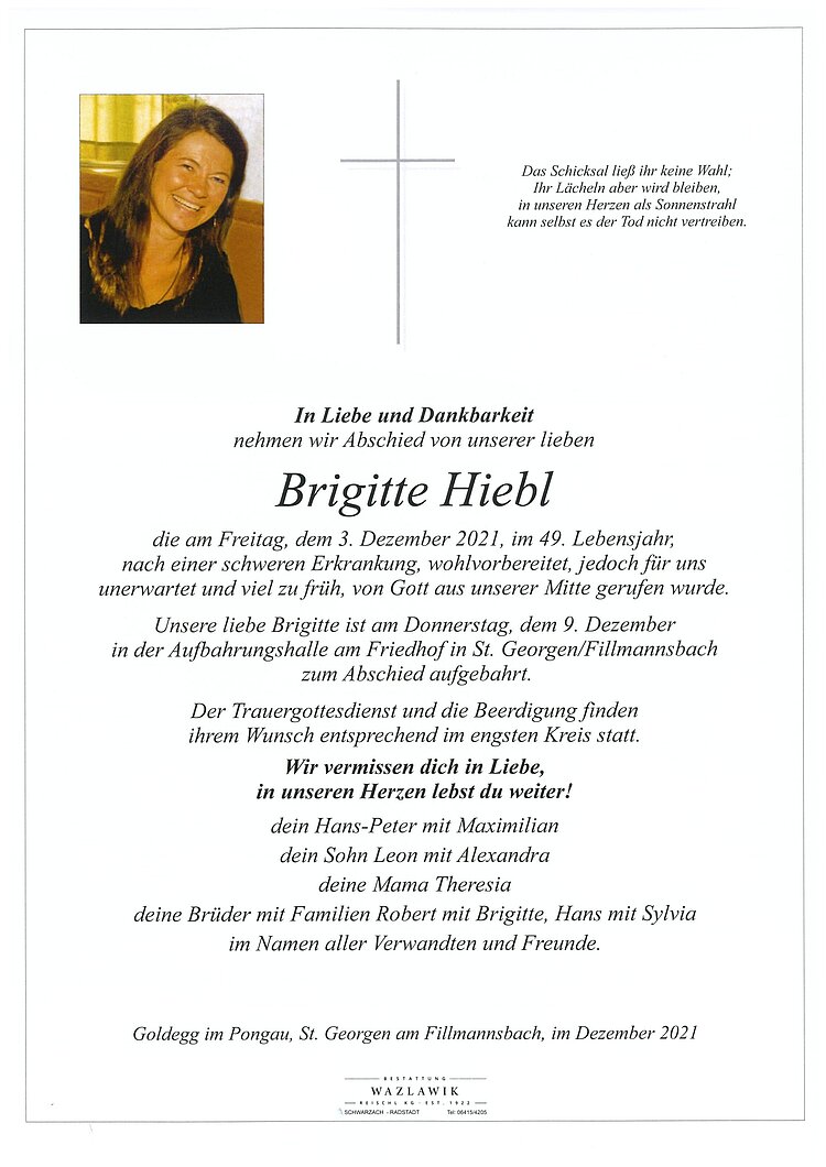 Parte von Brigitte Hiebl † 03.12.2021